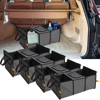 set of 4 car trunk bags with insulated cooler compartment, 3 compartments (gray-black) - Foldable, robust - ideal for shopping, picnics, transport