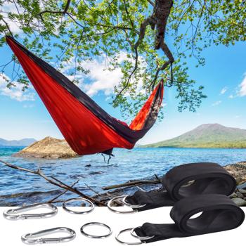 Preview: Tree fastening set for hammocks, sturdy tensioning ropes with metal hooks, 2 carabiners & 2 rings, black - Secure hammock fastening