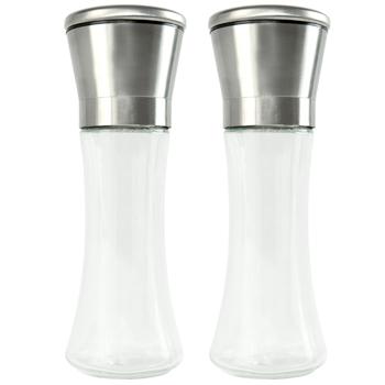 Preview: set of 2 Manual pepper mill with ceramic grinder, glass and stainless steel lid, 19 cm