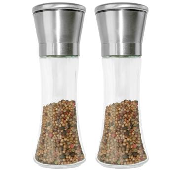 set of 2 Manual pepper mill with ceramic grinder, glass and stainless steel lid, 19 cm