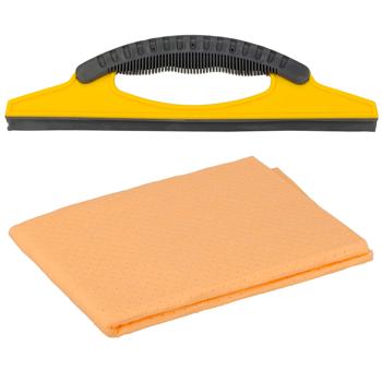 Preview: Kit Nettoyage Voiture - Raclette à Vitres Ergonomique 307x110 mm - Peau de Chamois 400x400 mm - Nettoyage Doux, Sans Traces ni Rayures - Polypropylène