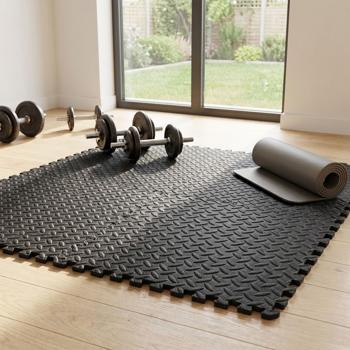 Preview: 12er-Set Fitnessmatten Schwarz - Puzzleartig Verzahnbar & Flexibel Anordenbar - 40x40 cm, 1 cm Stark, Rutschfest, EVA Schaumstoff, Schimmelresistent