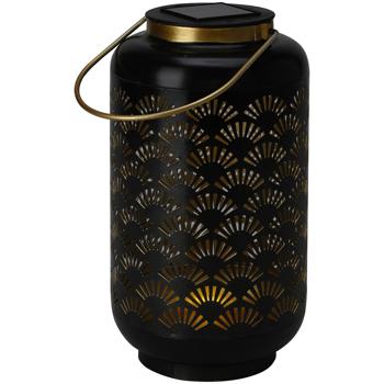 Preview: 2er-Set Solar Laterne Metall schwarz - Garten Deko mit warm-weissem Licht & Lochmuster - Ø 13xH 23.5cm - NiMH 250mAh Akku- bis zu 6h Leuchtdauer