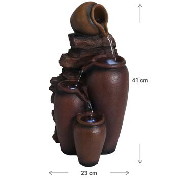 Preview: Entspannender Amphoren-Zimmerbrunnen mit LEDs, 21,5cm – Naturstein-Design, leise Pumpe, braune Krüge, Atmosphäre pur