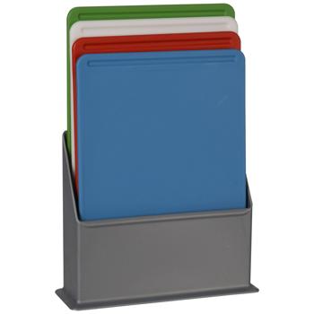 Preview: 4er-Set Schneidebretter farbig - Hygienisches Arbeiten ohne Kreuzinfektionen - Aus Polypropylen, spülmaschinenfest, 20.5x15x0.5 cm, mit Ständer