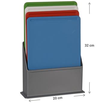 Preview: 4er-Set Schneidebretter farbig - Hygienisches Arbeiten ohne Kreuzinfektionen - Aus Polypropylen, spülmaschinenfest, 20.5x15x0.5 cm, mit Ständer