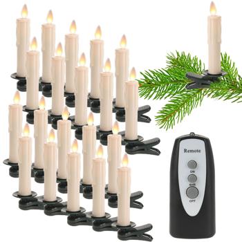Preview: LED-Weihnachtsbaum-Kerzen 40er Set - Kabellos mit Fernbedienung & Timer (6h) - Warmweisser Flacker-Effekt - 10cm, Krokodilklemme, innen