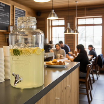 Preview: Distributeur de boissons en verre 8L avec robinet et couvercle - Rétro, robuste & polyvalent - Idéal fêtes, jardin, intérieur/extérieur - Pour jus, limonade