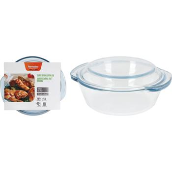 Preview: Plat à gratin en verre borosilicate rond avec couvercle - Cuisson, service et maintien au chaud - 1700 ml - 23,4x20,7x10 cm - Poignées pratiques