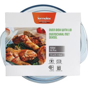 Preview: Plat à gratin en verre borosilicate rond avec couvercle - Cuisson, service et maintien au chaud - 1700 ml - 23,4x20,7x10 cm - Poignées pratiques