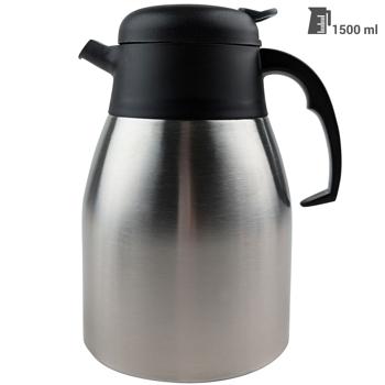 Preview: Isolierkanne doppelwandig Edelstahl 1,5L - Hält Kaffee/Tee 6h warm - Für Büro, Reise & festliche Tafel - Mit Einhand-Automatik & Hebel-Ausgiesser