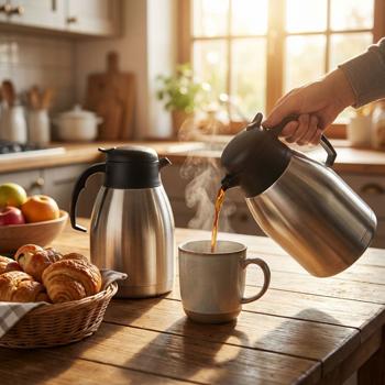 Preview: Lot de 2 Pichets Isothermes à Double Paroi en Acier Inoxydable 1,5 L - Garde Chaud/Froid 6h - Verseur Levier - Design Élégant et Robuste