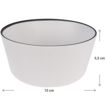 Preview: Stilvolle, leichte Melamin-Schüssel, reinweiss & edler, schwarzer Kontrast, 10x5,5cm. Bruchfest & spülmaschinenfest für jede Gelegenheit