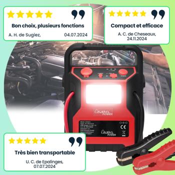 Preview: Booster Démarrage 5-en-1 - Compresseur 600A/17 bar - Batterie 9000mAh - Lampe LED - Sortie 12V - Pour Moteurs Diesel/Essence 2.0L/2.4L Preview: Booster Démarrage 5-en-1 - Compresseur 600A/17 bar - Batterie 9000mAh - Lampe LED - Sortie 12V - Pour Moteurs Diesel/Essence 2.0L/2.4L