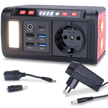 Preview: Centrale elettrica compatta e generatore solare, luce LED, 120W, 12/230V, 88,8 Wh, funzionamento di dispositivi a 12 volt, 230 volt e USB