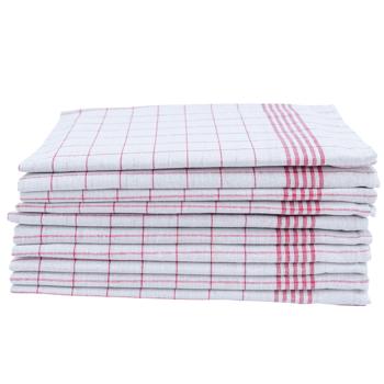 Preview: Durable set of 10 half-linen dish towels: 50% linen - 50% cotton, red and white, 70 x 50 cm, washable at 95°C, OEKO-TEX – highly absorbent, streak- & lint-free