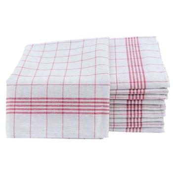 Preview: Durable set of 10 half-linen dish towels: 50% linen - 50% cotton, red and white, 70 x 50 cm, washable at 95°C, OEKO-TEX – highly absorbent, streak- & lint-free