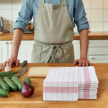 Preview: Durable set of 10 half-linen dish towels: 50% linen - 50% cotton, red and white, 70 x 50 cm, washable at 95°C, OEKO-TEX – highly absorbent, streak- & lint-free