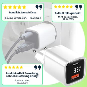 Preview: Leistungsstarkes USB Netzteil Dual Port, USB-C und USB-A, 33 Watt Schnellladegerät, weiss - schwarz, Power Delivery und Quick Charge