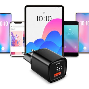 Preview: Chargeur double port USB-C et USB-A - Charge rapide 33W intelligente, Power Delivery et Quick Charge - Noir - Compatible smartphones, tablettes Apple, Samsung, Xiaomi