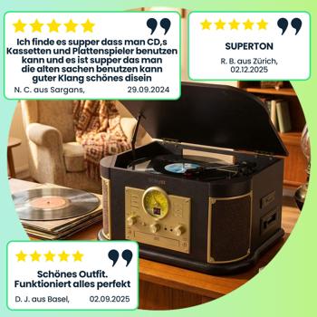 Preview: Nostalgie-Plattenspieler mit CD- & Kassettenspieler – Bluetooth 5.0, Digitalisierfunktion, FM-Radio, Saphirnadel & Stereo-Lautsprecher