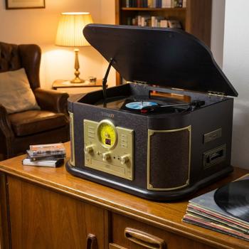 Preview: Nostalgie-Plattenspieler mit CD- & Kassettenspieler – Bluetooth 5.0, Digitalisierfunktion, FM-Radio, Saphirnadel & Stereo-Lautsprecher