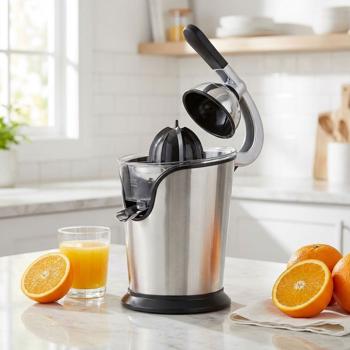 Efficient electric stainless steel citrus juicer, 100W – automatic, die-cast aluminium lever, easy cleaning, silver-black