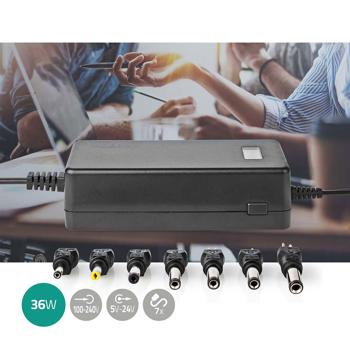 Preview: Bloc Alimentation Universel 36W - 7 Connecteurs DC Interchangeables 5-24V - Protection Surtension/Court-Circuit - pour PC Portables