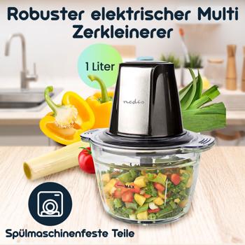 Preview: Robuster elektrischer Multi Zerkleinerer mit Glasbehälter, 1 Liter, 500 W, 2 Edelstahlklingen, Häcksler für Nüsse, Obst, Gemüse, Fleisch, Babynahrung