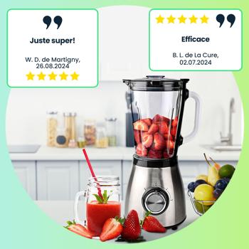 Preview: Blender Inox 800W - Bol Verre 1.5L, 2 Vitesses & Pulse - Idéal Smoothies, Shakes, Sauces, Hachage Fruits/Légumes - Lames Acier Inox