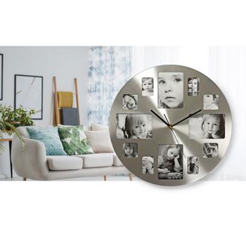 Preview: Runde Foto Wanduhr Silber - Personalisierbar mit 12 Bildern & Quarzuhrwerk - 40 cm Durchmesser - Metall Gebürstet - Batteriebetrieben