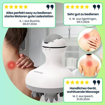 Preview: Professionelles Kopf- und Körper-Massagegerät, 4 Massageköpfe, mobil mit Akkubetrieb, abwaschbar, auch mit Massageöl verwendbar