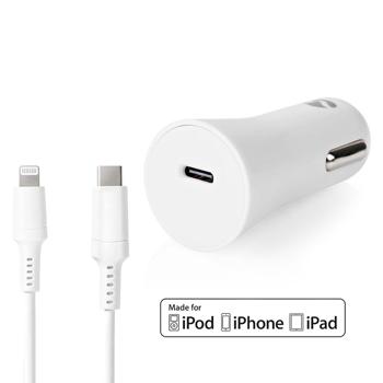 Preview: KFZ-Ladegerät USB-C inkl. Kabel 1 m USB C auf Lightning, weiss, für iPhone 5, 6, 7, 8, 9, X, XS, 11, 12, 13, 14, PRO / PRO MAX