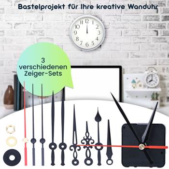 Preview: 4er Set Geräuschloses Uhrwerk Komplettset mit 3 verschiedenen Zeigersätzen, leise schleichende Zeiger ohne Ticken, stabiles Gehäuse, Batteriebetrieb