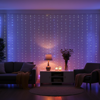 Preview: Farbige WLAN-Smart-Vorhang-Lichterkette - 180 RGB-LEDs - 7 Lichtmuster - IP65 Aussen & Innen - App-Steuerung & Sprachsteuerung (Alexa/Google) - 3m Länge