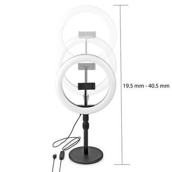 Preview: Höhenverstellbares Ringlicht mit Stativ, 26cm – 10 Stufen, 2700-6700K, Perfekt für Fotos, Videos, Make-Up, ABS/Alu