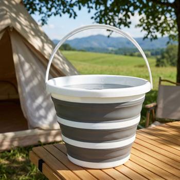 Collapsible bucket 10 L – Space‑saving foldable grey/white bucket for household camping outdoor – Robust plastic/silicone material with carrying handle – Ø 32 x 24 cm