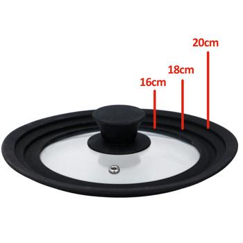 Preview: Couvercle de cuisson universel en verre - Large anneau en silicone pour casseroles & poêles - Diamètres 16, 18, 20 cm - Trou d‘aération - Lave-vaisselle