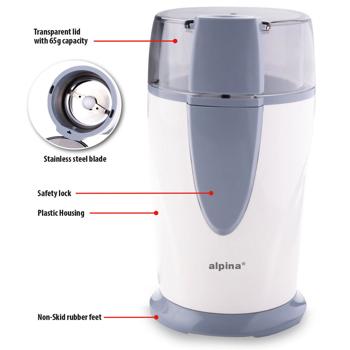 Preview: Elektrische Kaffeemühle 150W - Mahlt Bohnen Nüsse Samen - Korrosionsbeständige Stahlklingen - Transparenter Deckel - Rutschfeste Füsse - 17.5x9.5x9.8cm