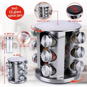Preview: Modern stainless steel spice rack with 12 transparent spice jars - timeless spice storage & eye-catcher for every kitchen