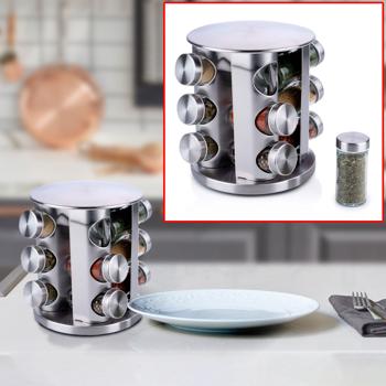 Preview: Modern stainless steel spice rack with 12 transparent spice jars - timeless spice storage & eye-catcher for every kitchen