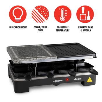 Preview: Raclette Grill 8 persone 1400W con superficie grill doppia – pietra e piastra metallica, potente grill da tavolo per la famiglia Preview: Raclette Grill 8 persone 1400W con superficie grill doppia – pietra e piastra metallica, potente grill da tavolo per la famiglia