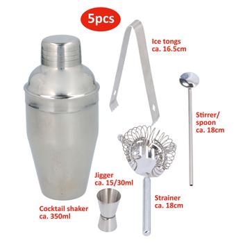 Preview: Complete 5-piece stainless steel cocktail set, 350 ml: with shaker, ice tongs, measuring cup, strainer and spoon, for creative cocktails