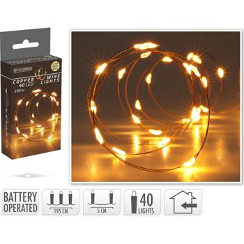 Preview: Catena luminosa a batteria 40 LED filo di rame bianco caldo extra 195 cm, catena luminosa a filo per interni da appendere e decorare, filo luminoso LED