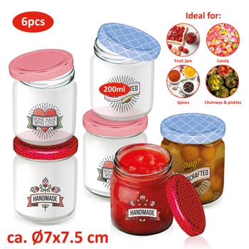 Preview: 6er-Set bunte Einmachgläser mit Schraubverschluss - Ideal für Marmelade, Honig, Gelee, Kräuter, Gewürze - 200 ml Füllvolumen, Ø 7cm, bunte Deckel
