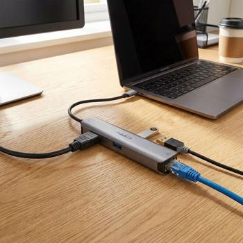 USB 3.2 Multiport Adapter, USB-C auf HDMI/RJ45/3xUSB-A – Kompakte Dockingstation für erweiterte Anschlussmöglichkeiten