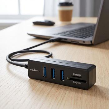 USB-C Hub - 3x USB-A 3.2 Gen 1 (5 Gbit/s) - SD/MicroSD Cardreader - Aluminiumgehäuse - Plug & Play - Schwarz - Notebook/PC
