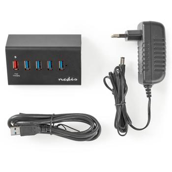 Preview: High-Speed USB A - 3.2 Hub, 5 Ports, QC 3.0, schwarz – Inklusive Netzteil & USB Kabel, für schnelle Datenübertragung & Aufladen