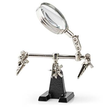Preview: Montageständer mit Lupe - Platinenhalter mit 2 flexiblen Krokodilklemmen - Löten Modellbau Basteln Reparatur - Schwerer Gussständer 8 Gelenke