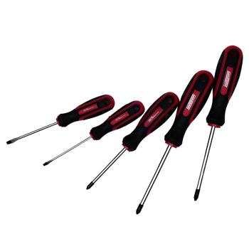 Preview: Lot de qualité de 5 tournevis en acier au chrome-vanadium – 2 tournevis plats, 3 cruciformes, manche ergonomique, antidérapant, longue durée de vie, rouge-noir